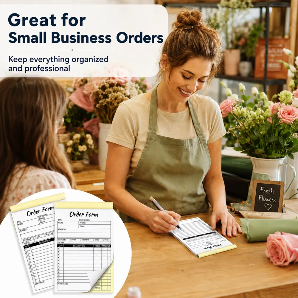 2-Pack Carbonless Order Form Receipt Books, White/Yellow Copy, 5.5x8.3in Tear-Off Pads for Office Retail