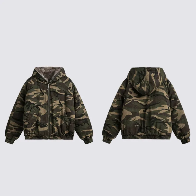 Men's Camouflage Hooded Jacket Women's Fur Collar Cotton Padded Coat Retro American Workwear Winter Jacket Warm Outdoor Coat