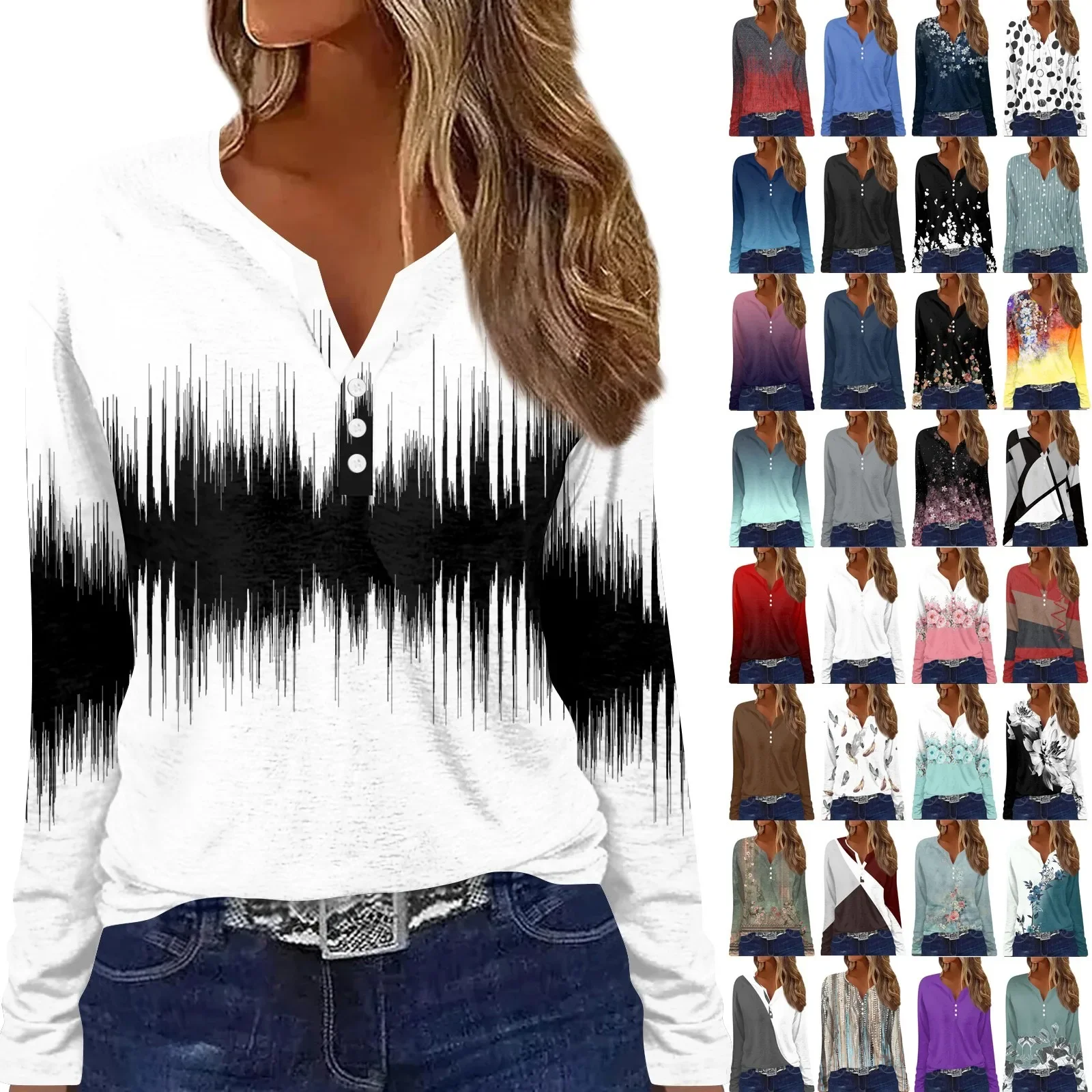 

Women's T Shirt Button Print Long Sleeve Daily Weekend Fashion Basic V-Top Sweatshirts