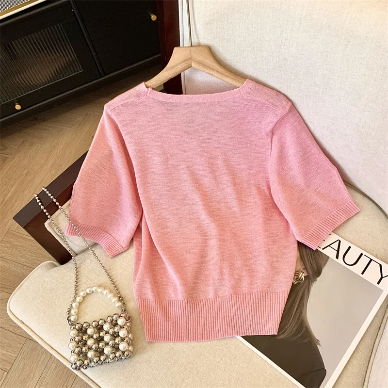 Sequins Stylish Elegant Cardigan Sweater Women Knit T-shirts Tees 2024 Summer Short Sleeve V-neck Solid Chic Ladies Knitwear Top