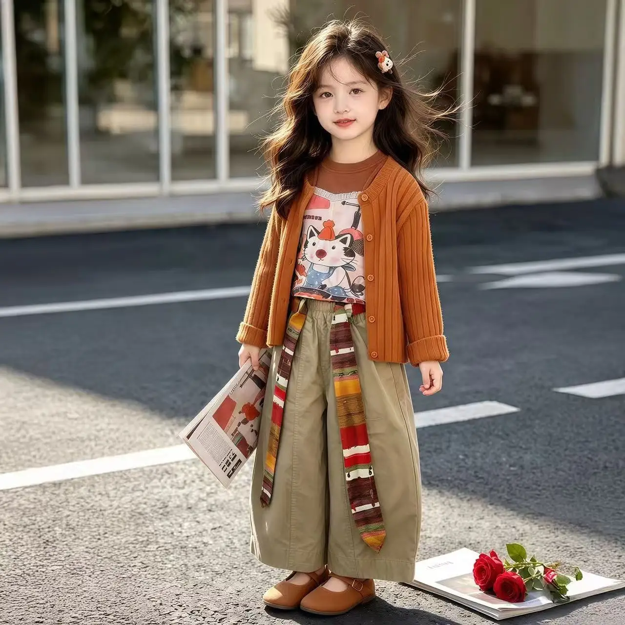 Girls' Sweater Set 2026 Autumn New Style Children's Fashion Knitted Cardigan T-shirt Casual Pants 3-Piece Set 2-9Y