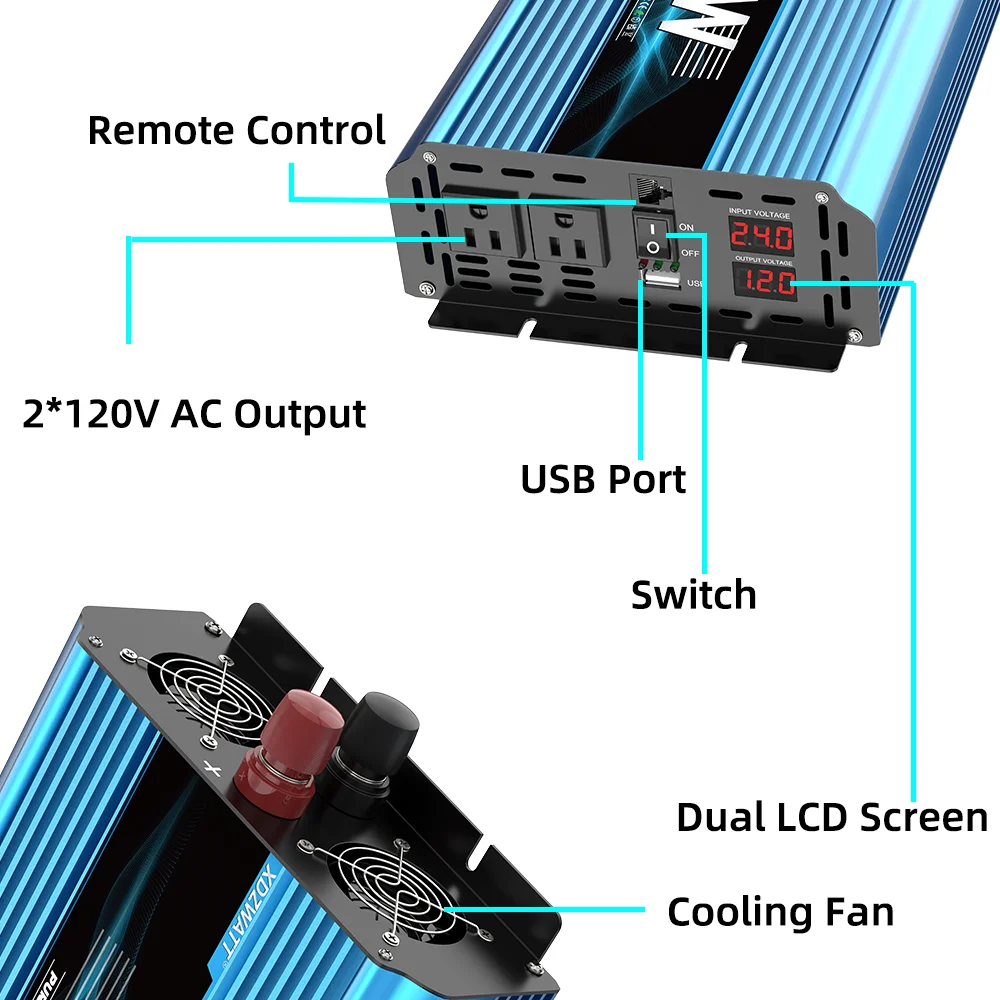 Inversor 12V 24V to 120V Pure sine wave Off Grid Power Inverter 5000W Dc to Ac For Solar Panel Camping Outdoor With Remote Ctrl