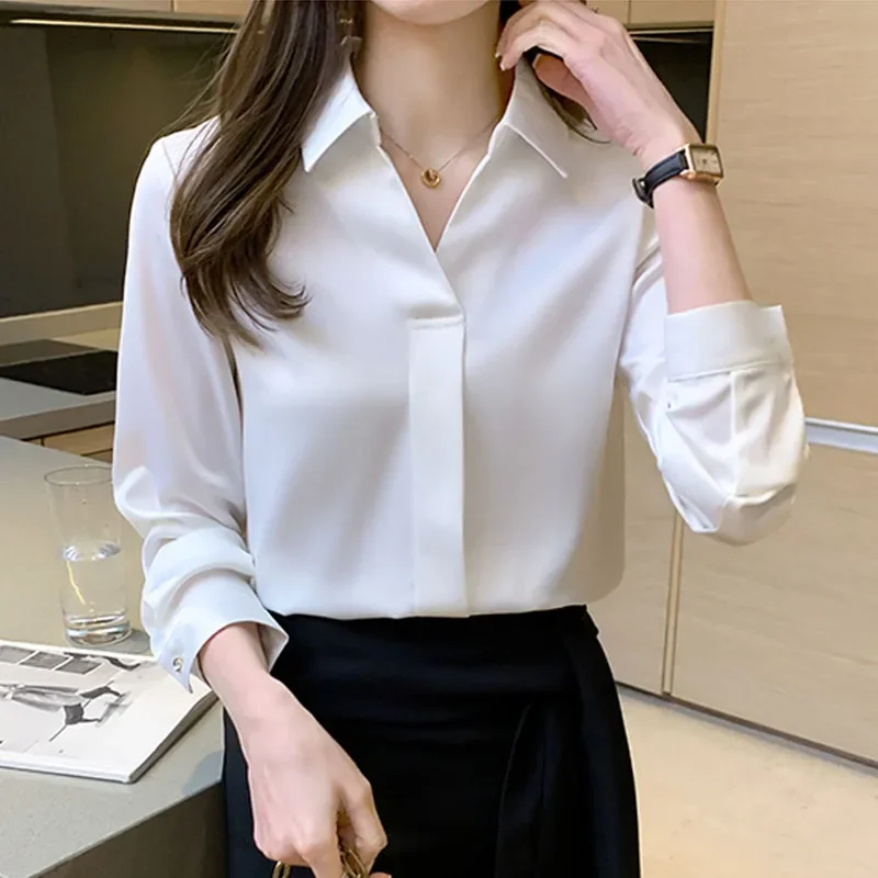 Women Blouse Long Sleeve Solid Chiffon Tops Autumn Winter Fashion Commuting Style White Blue Unique Womens Tops Blusas Mujer C04