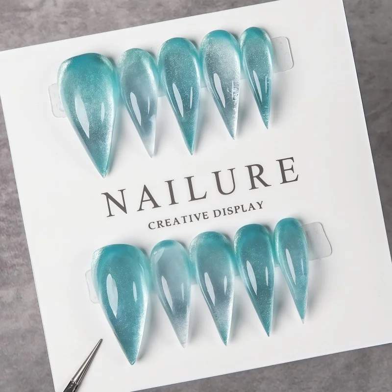 10PCS Icy Blue Aurora Cat Eye Stiletto Press On Nails, Gradient Crystal Glitter Extra Long Fake Nails