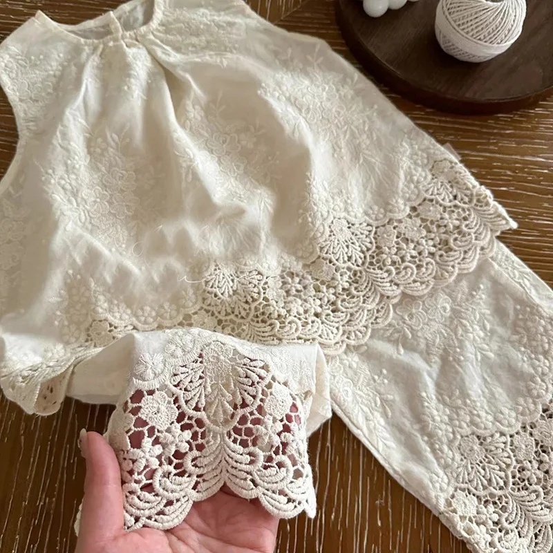 2024 New Summer Korean Style Baby Girls Clothing Set Sleeveless Cotton Embroidered Vest+Shorts Baby Girl Clothes Suit