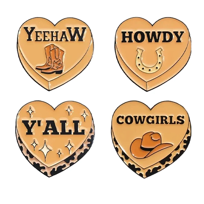 Vintage Heart Cowgirls Enamel Pins Creative Western Howdy Boots Brooches Backpack Decor Lapel Badge Jewelry Gift for Friends