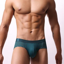 Sexy Ice Silk Briefs Underwear For Men Panties Breathable U Bulge Pouch Hollow Pants Mid-rise Solid Color Underpants Cuecas