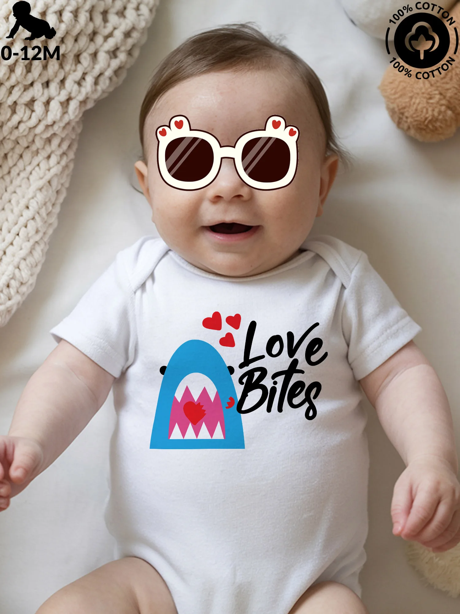 

Детский костюм для ползания Shark Love Bites унисекс, комбинезон из чистого хлопка для ухода за кожей, всесезонное боди 190GSM