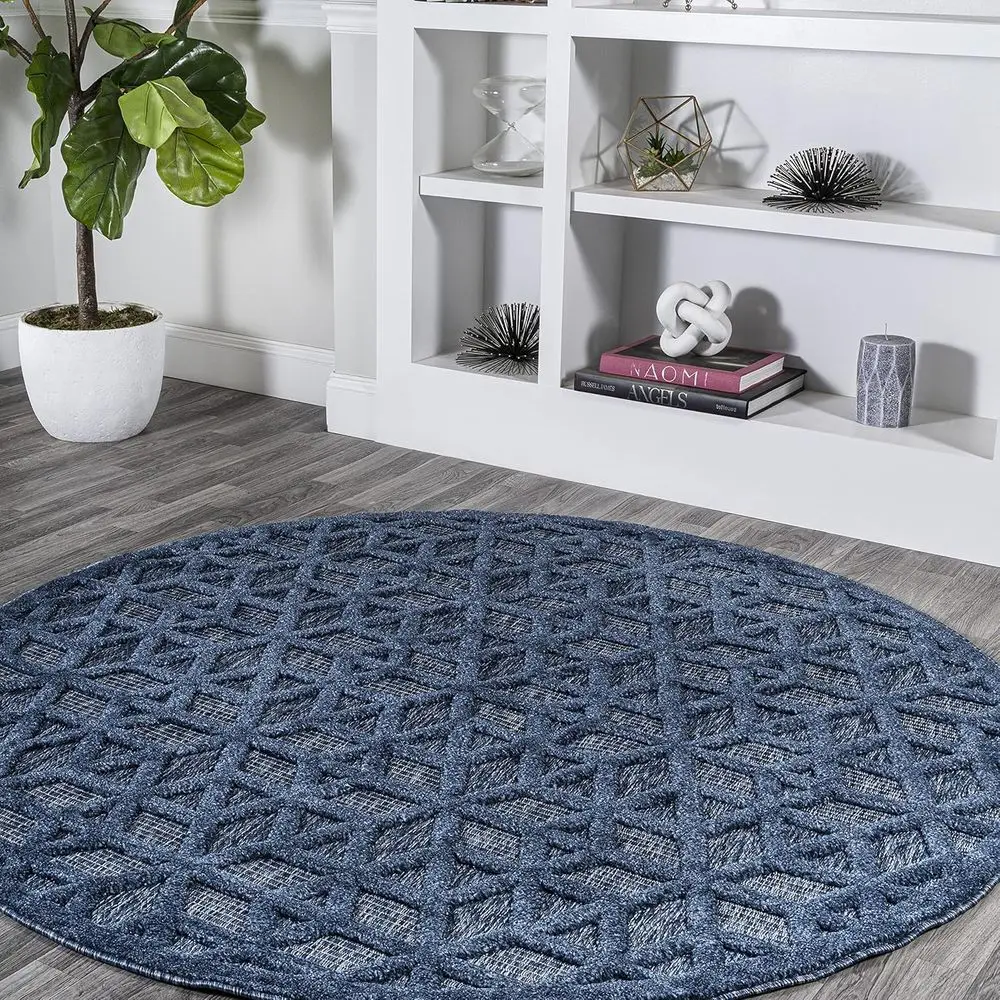 

Geometric Indoor Outdoor Round Rug 5 Ft Navy, Ideal for Backyard, Patio, Porch, Easy Clean, High Traffic, Pet-Friendly, Non-Shed