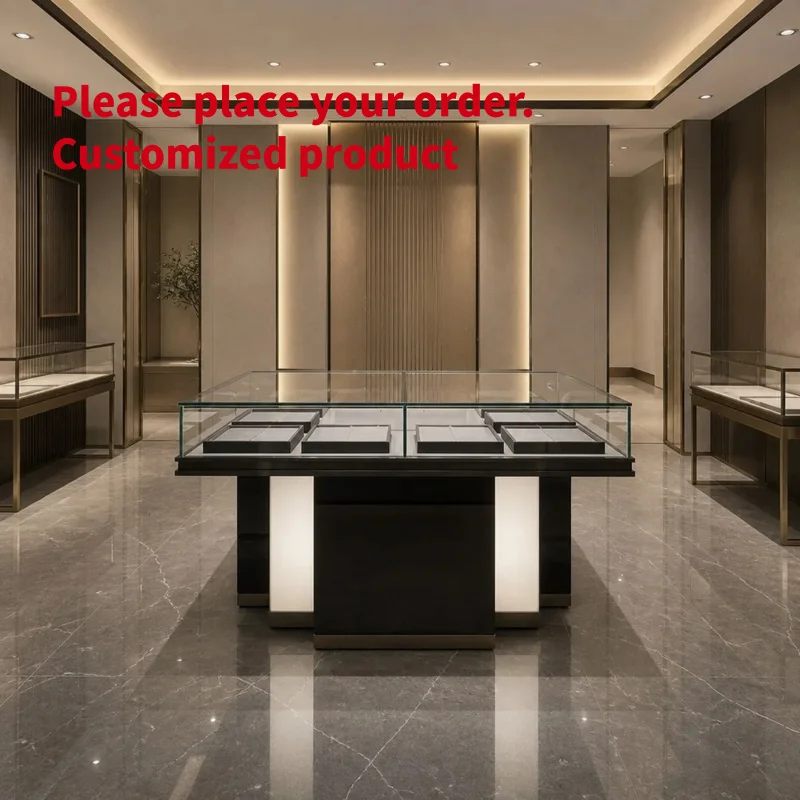 custom.Minimalist Square Jewelry Display Showcase with LED Lighting Glass Top Customizable Storage Base
