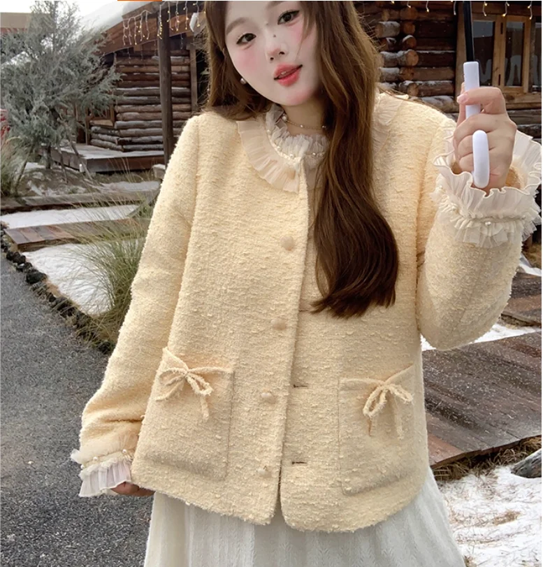 New Early Autumn Large Size Sweet Women Fashion Ruffles Long Sleeve Yellow Coats Versatile Loose Bow Yellow Age Reduction Coat