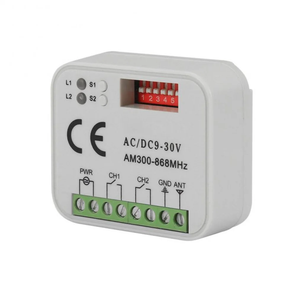 AC/DC 9V–30V 2CH レシーバーコントローラー、300MHz–868MHz、433MHz ガレージドアオープナー & ゲートリモートコントロールスイッチ