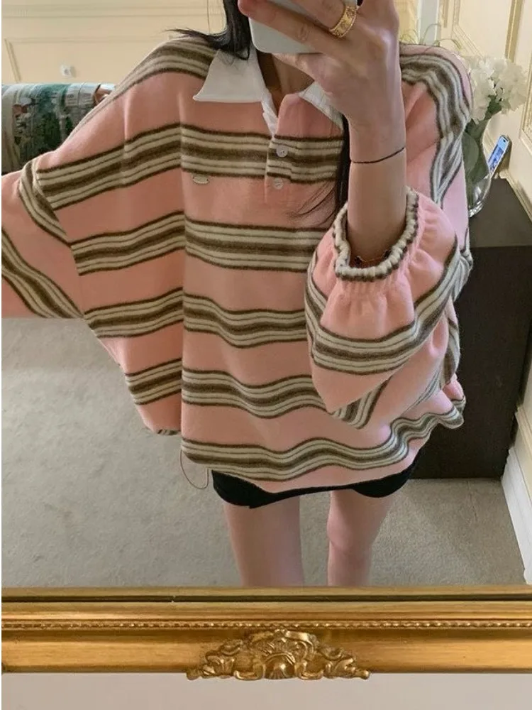 الرجعية اللون بلو ني البلوز المرأة فضفاضة أعلى مخطط قاعدة irt شتاء جديد Sle الكورية Sle الشارع Faion #1