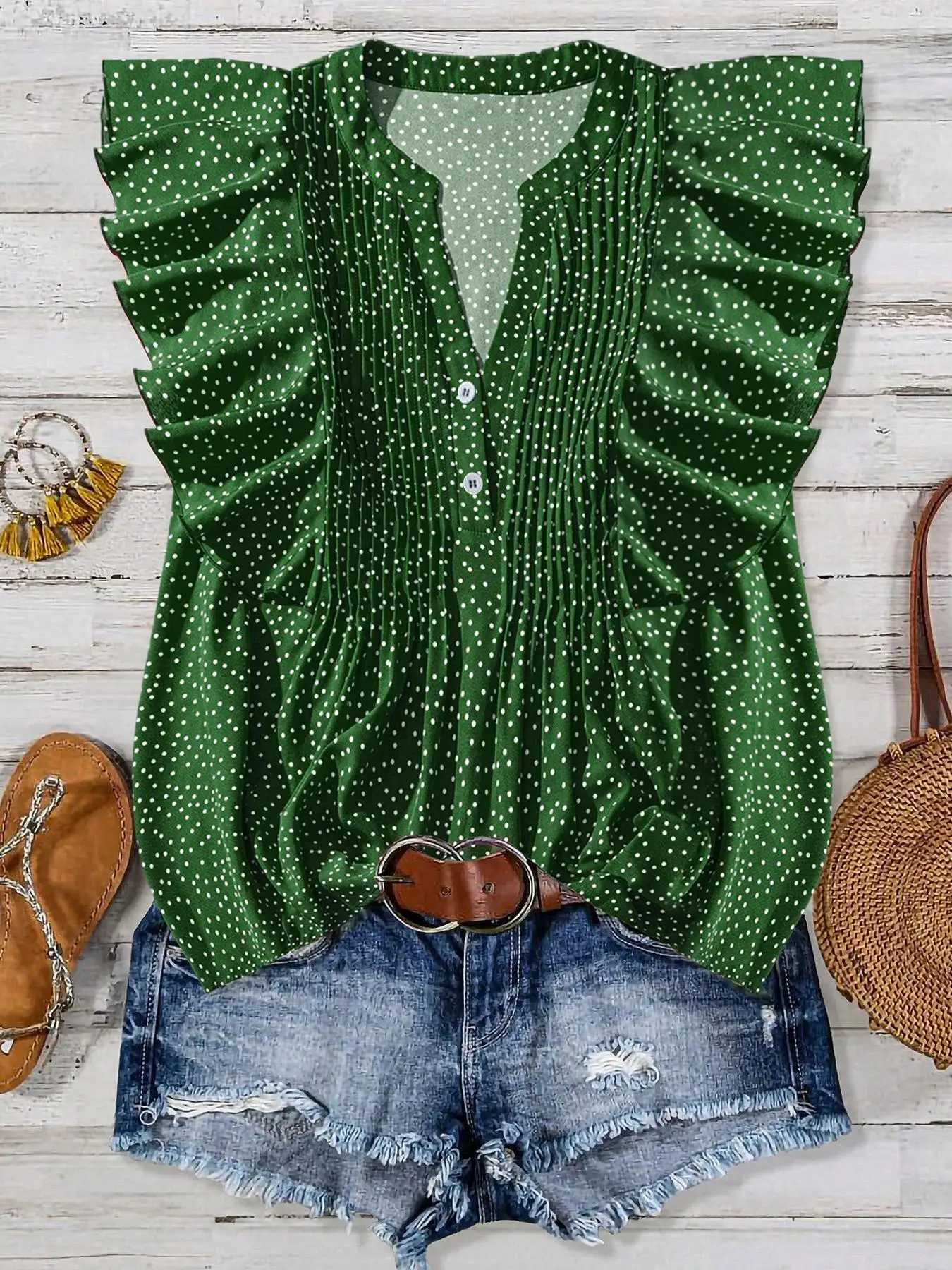 

【Большой размер】 Блузка с вырезом и принтом по всей поверхности, повседневный топ с рукавами-бабочками для повседневной носки, женская одежда больших размеров на все сезоны