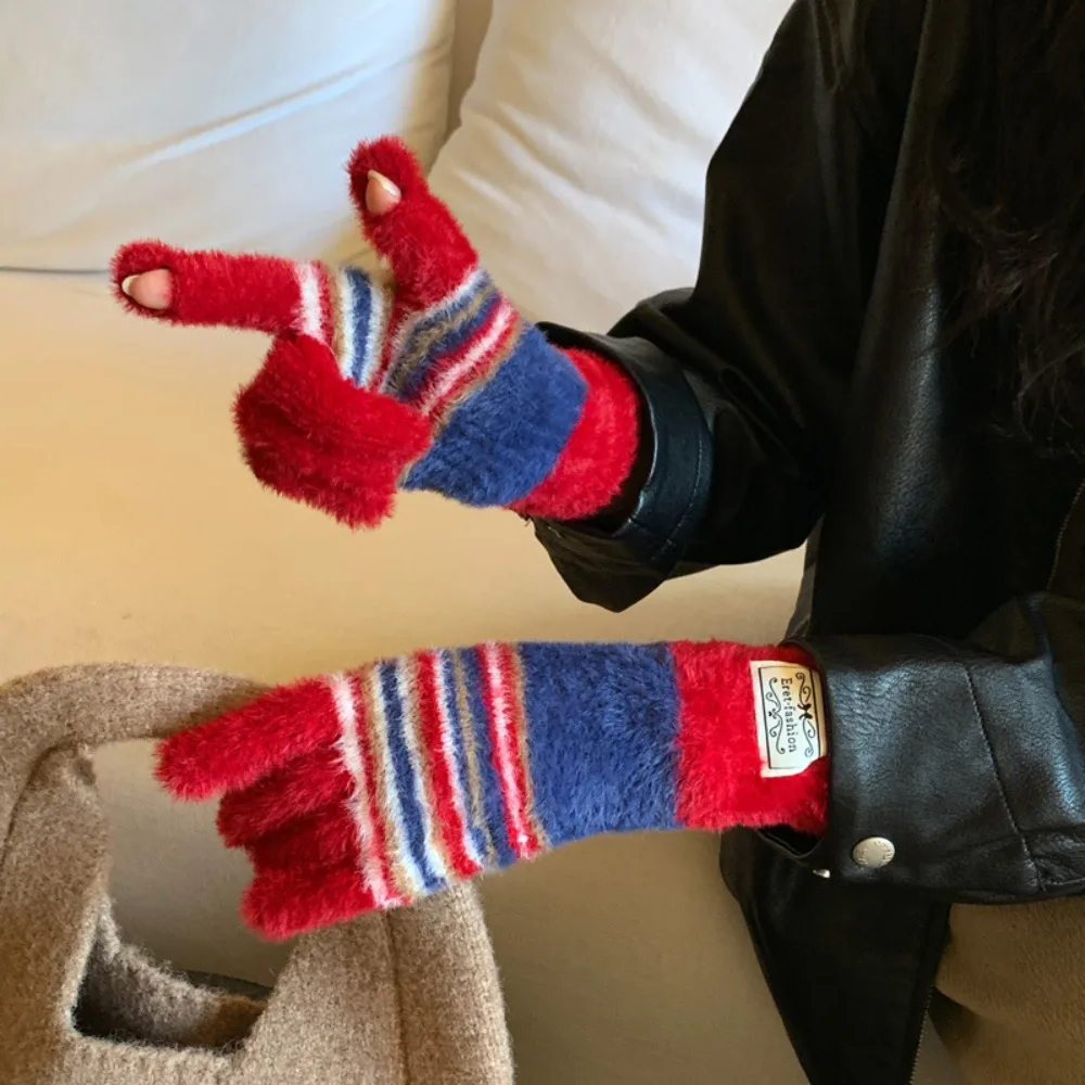 Korean Style Colorful Striped Gloves Harajuku Soft Full Fingers Mittens Rainbow Color Comfortable Touchscreen Mittens Cycling