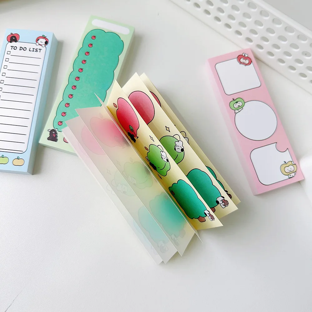 100 Pcs/Pack Cute Cartoon Apple Pattern Long Strip Memo Pad Notebook School Office Stationery Learning Notes Take Notes