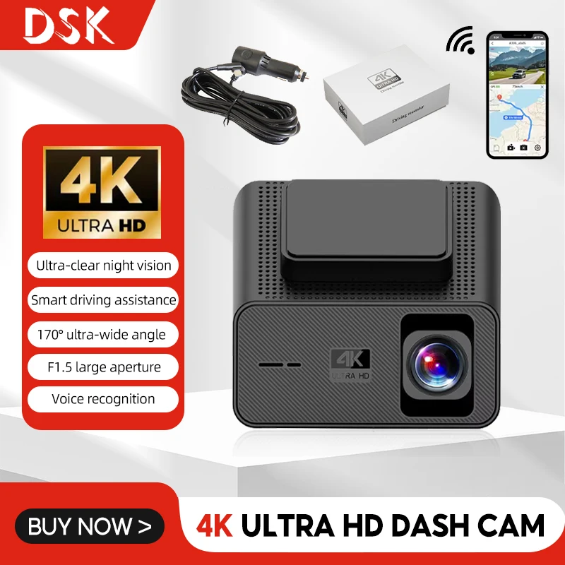 4K Ultra HD Dash Cam Night Vision 170° Wide Angle Dash Camera 2.4G Wifi Smart Connectivity Drive Recorder Car DVR