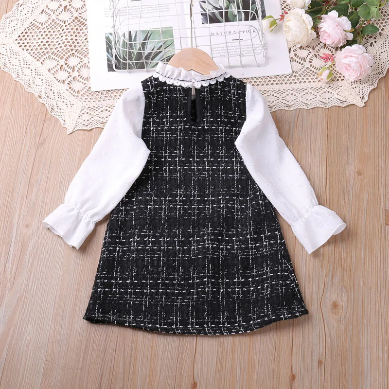 Humor Bear Girls\' Spring and Autumn New Long sleeved Wooden Ear Collar Small Fragrant Fashion Dress Vestidos Casual Outfit 2-6Y