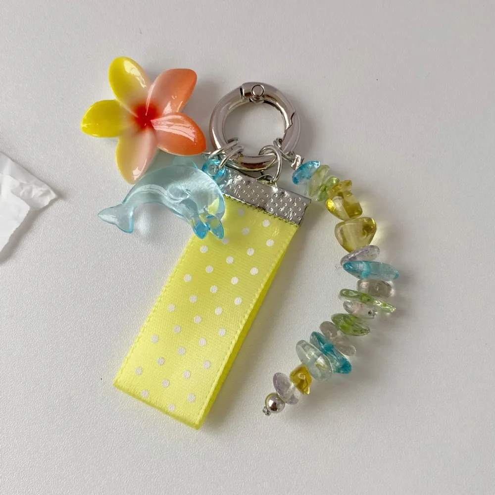 

Handmade Plumeria Keychain Ocean Inspired Dolphin Shell and Floral Mobile Phone Chain Dotted Lace Dolphin Pendant Charm