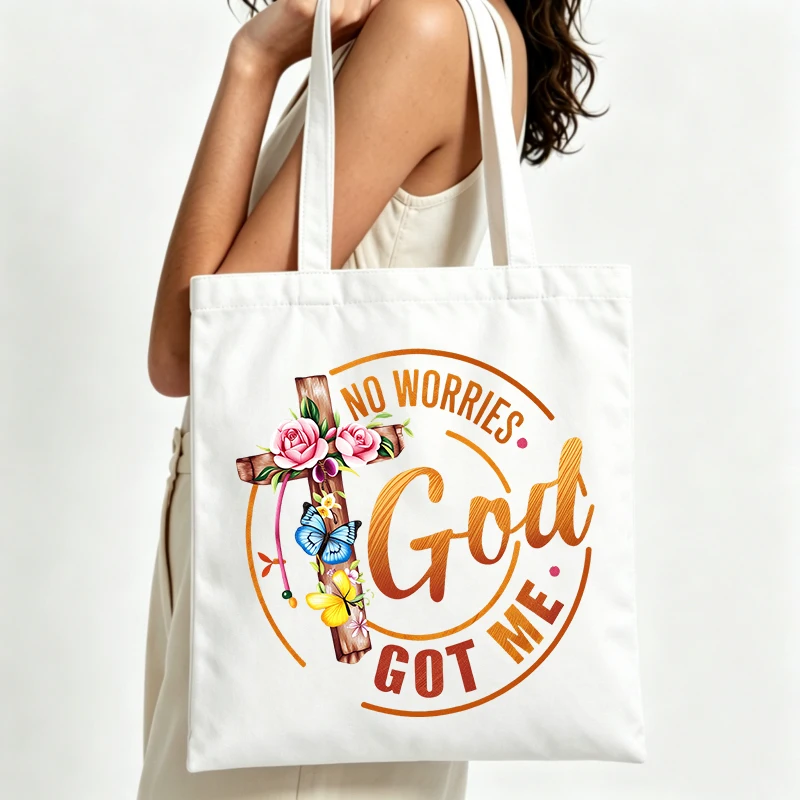 canvas tote bag with cross and floral graphic, casual style for daily shopping and church outings