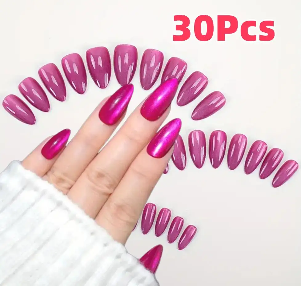 30개 드래곤 프루트 컬러 캣 아이 가짜 손톱 짧은 아몬드 프레스 온 네일 광택 로즈 레드 인조 손톱 여성용 사무실 및 일상용