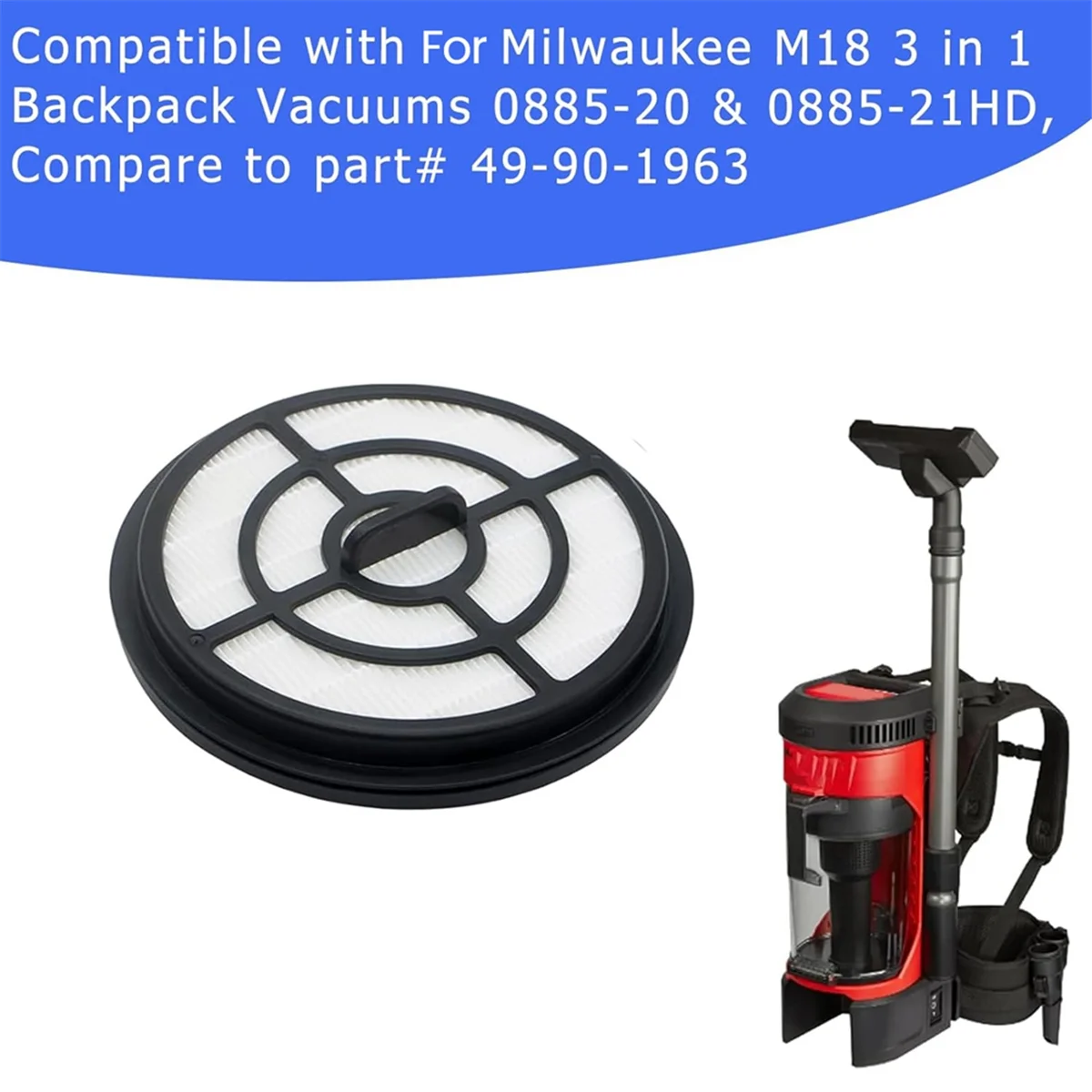 Confezione da 2 49-90-1963 filtro di ricambio per aspirapolvere zaino 3-in-1 Milwaukee M18 0885-20 e 0885-21HD