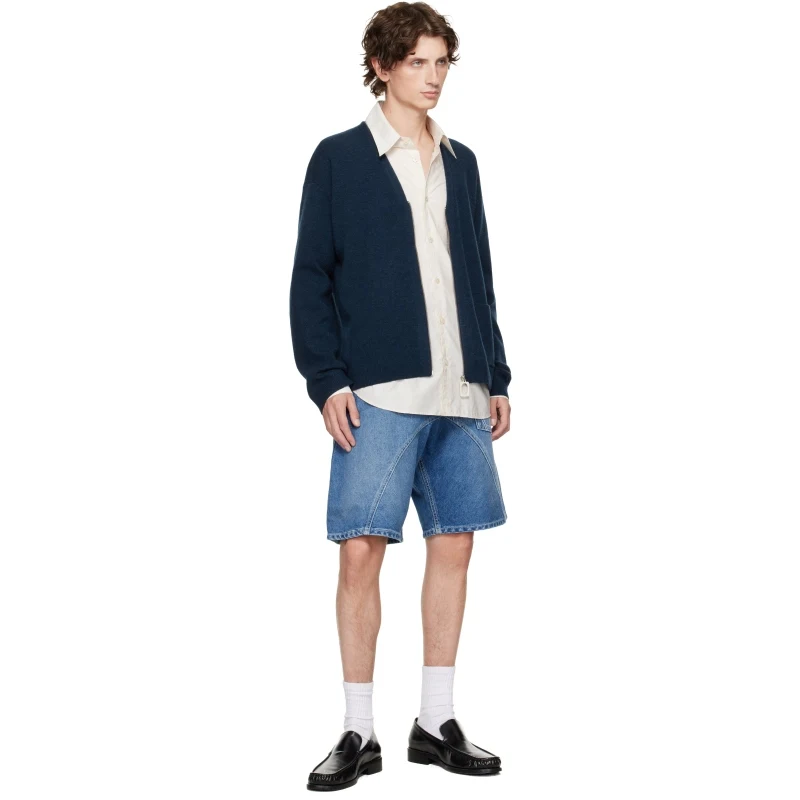 ReddaChic Men Shorts Twisted Workwear Denim Shorts Blue Asymmetrical Embroidery Distressed Cat Whisker Bottom Clothes