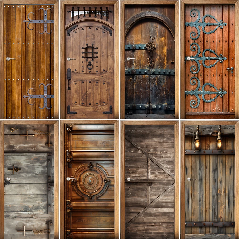 

European Retro Simulation Wooden Door Stickers Old Door Renovation Cover Decals Removable Waterproof