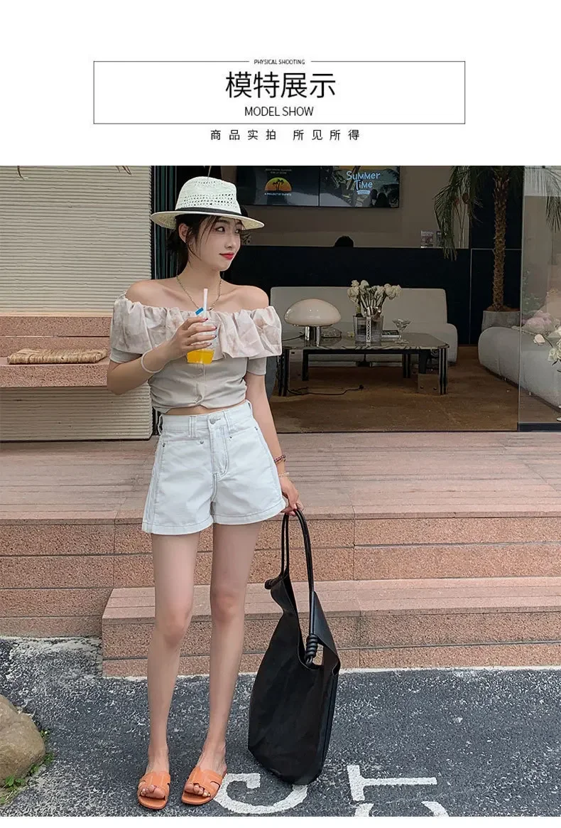 Celana Pendek Denim Pinggang Tinggi Rasa Desain, Celana Kaki Lebar Longgar Fashion Baru Musim Panas Wanita, Jeans Pendek Kaki Lurus Kasual untuk Wanita