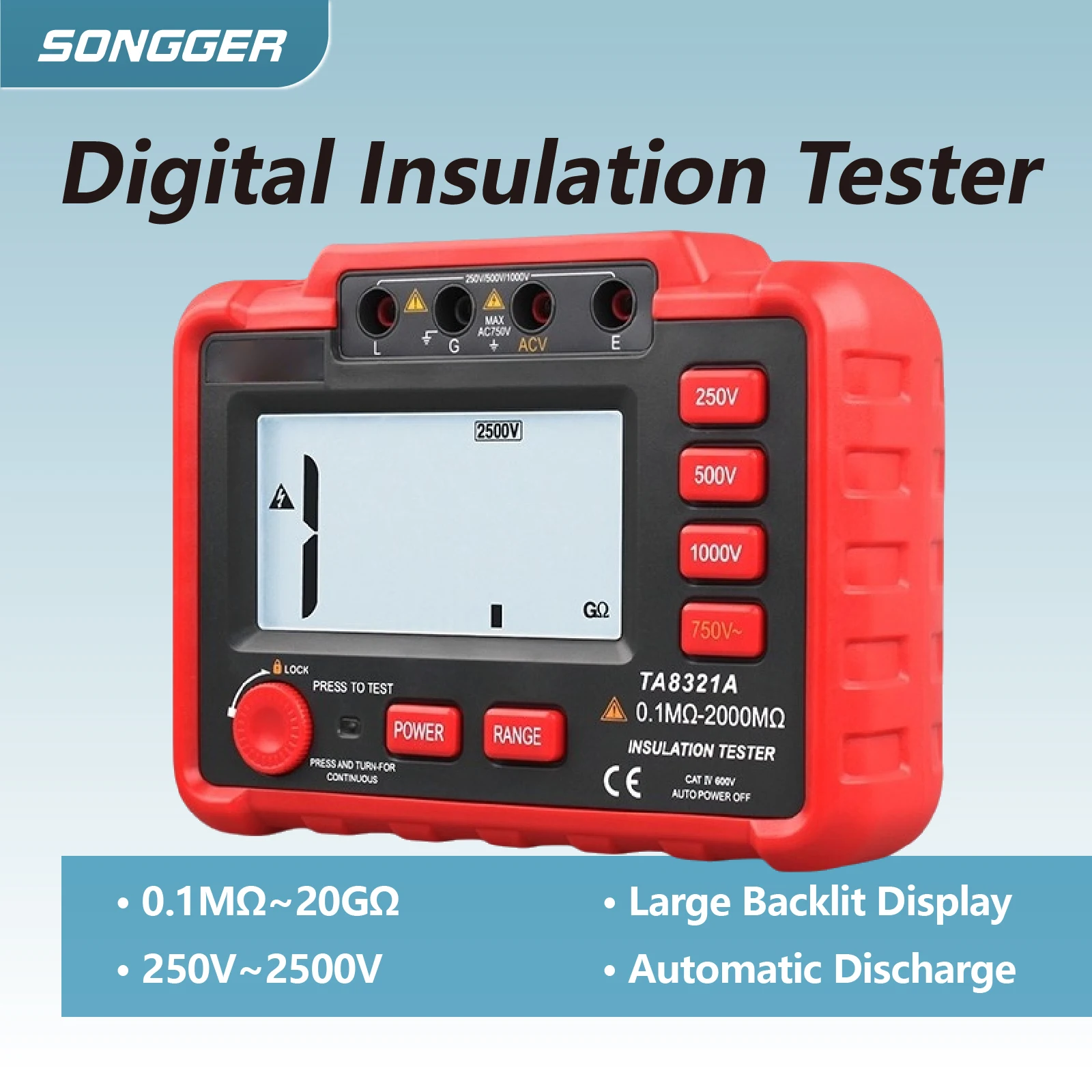 

Цифровой мегомметр TA8321A TA8322A для измерения сопротивления изоляции 250В-2500В, 0.1М-20МΩ с автоматическим разрядом и внешним источником питания