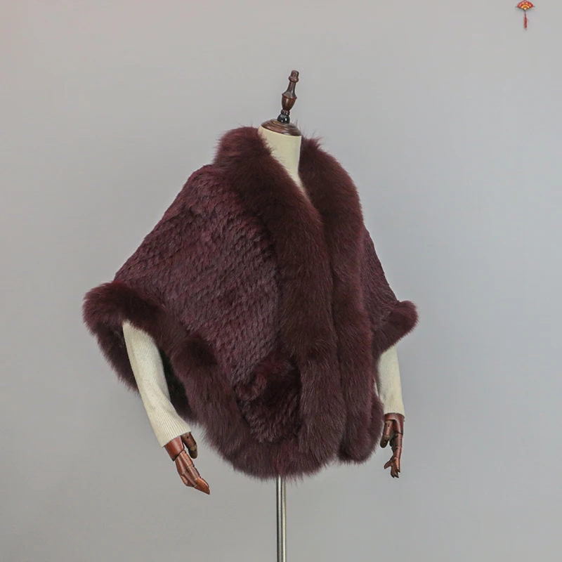 Women 100% Real Rabbit Fur Cape with Fox Fur Collar Winter Warm Knitted Cloak Rabbit Fur Poncho Girls Party Fashion Shawl Scarf
