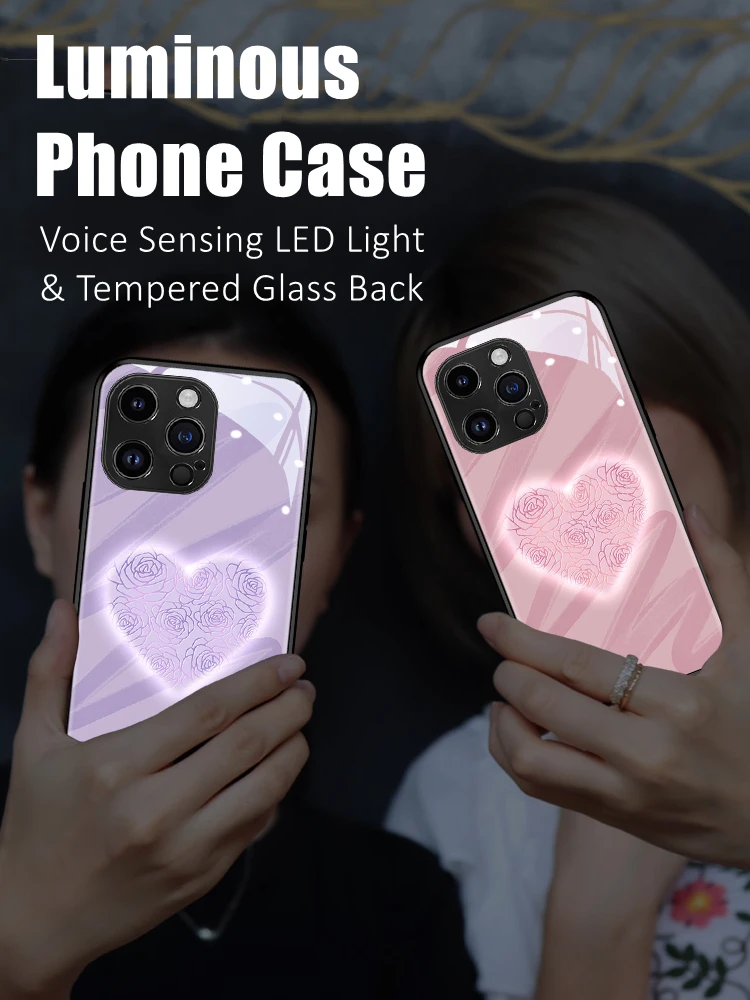 

Rose Heart LED Light Glowing Luminous Tempered Glass TPU Border Phone Case for Huawei Mate 30 40 50 60 P50 P60 Nova 9 Pro Plus