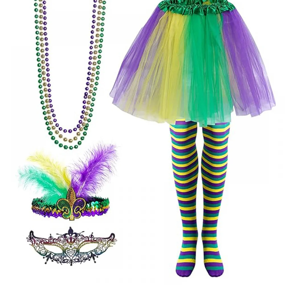 7 Pieces Mardi Gras Costume Accessory Set Faux Feather Half Mask Mardi Gras Beads Long Socks for Women and Girls