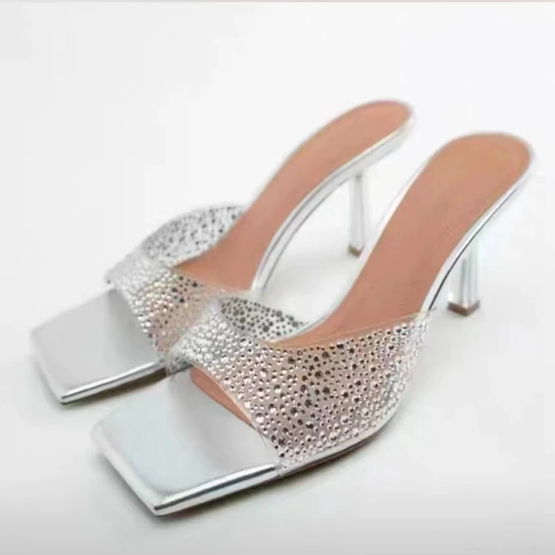 Fashionable Large Size High-heeled Slippers for Women Summer New Solid Color Square Toe Rhinestone One-line Stiletto Slippers