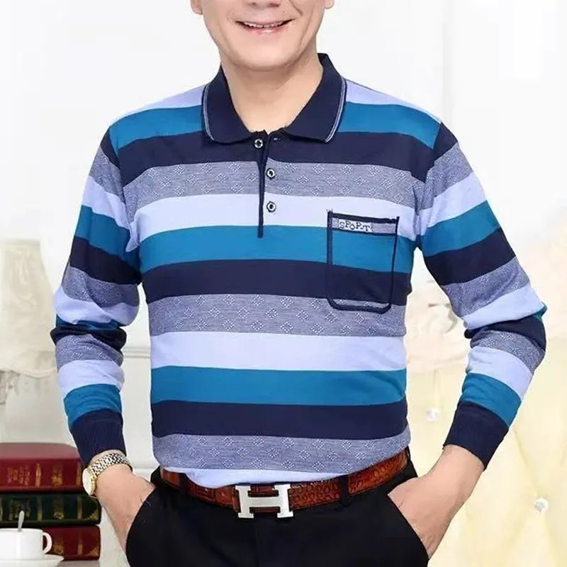2023 New Spring and Autumn Stripes Casual Contrast Versatile Polo Collar Long Sleeve Simple Grandpa Commuter Style Men's Top image 3