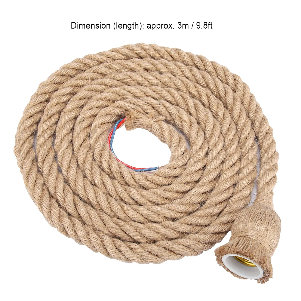 3m E27 Vintage Hemp Rope Ceiling Light Base Pendant Lamp Bulb Holder 85-265V Hemp Rope Copper Wire 387g Pendant Lamp Rope for