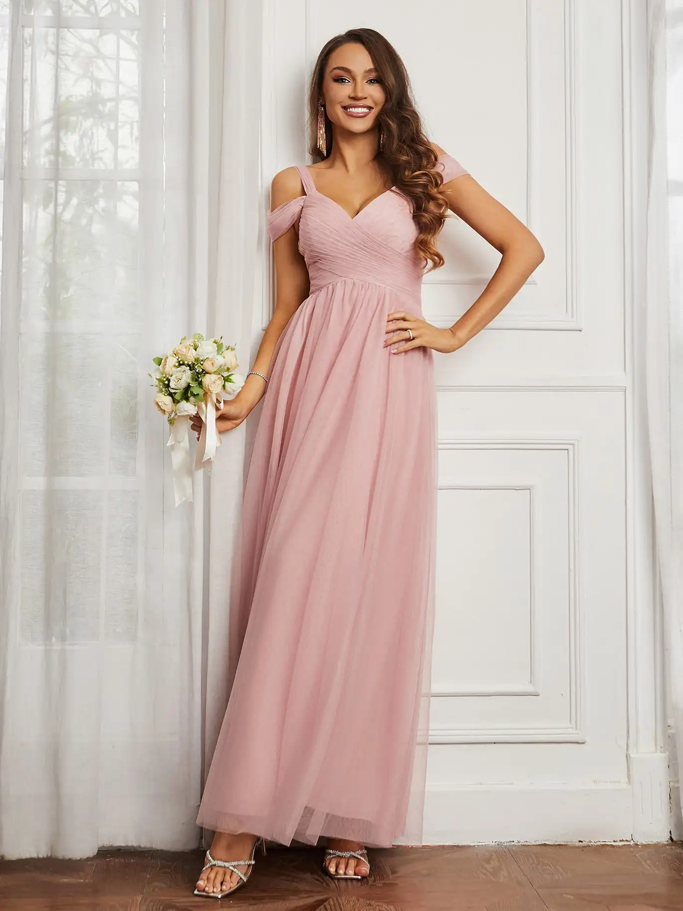 Cap Sleeve Tulle Ruched Bridesmaid Dress for Wedding Floor-Length Bow Pleated SleevelessCocktail Dresses A-line Evening Gowns