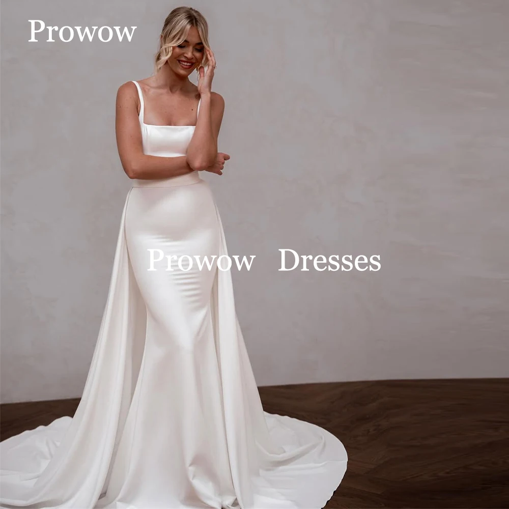Prowow elegante zijden satijnen zeemeermin trouwjurken met afneembare sleep mouwloze bruidsjurken vestido de noiva op maat