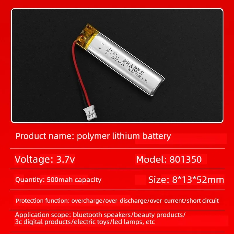 With PH2.0 3.7V 500mAh 801350 Polymer Lithium Battery for Bluetooth Headsets Thermometers Remote Controls Rechargeable Battery
