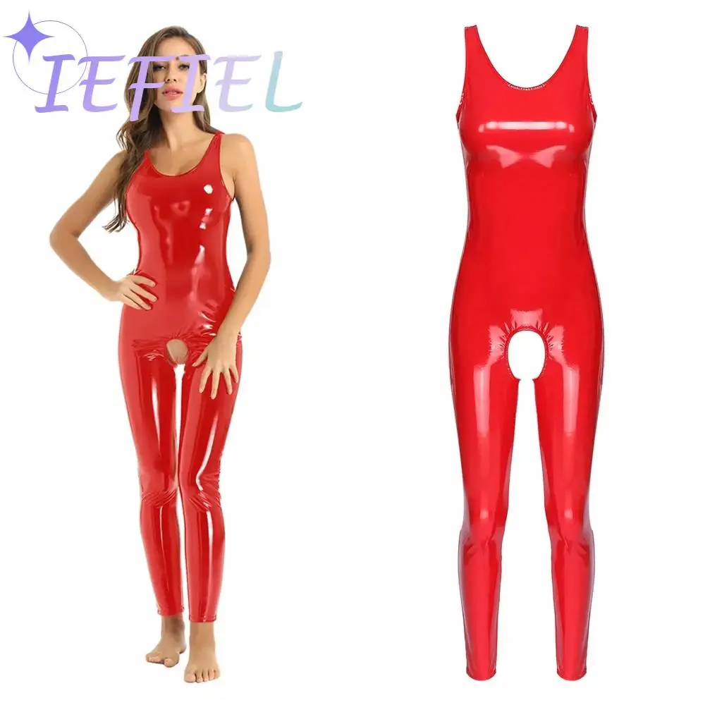 

Women's Crotchless Jumpsuit Latex Catsuit One Piece Pole Dance Leotard Sleeveless Open Crotch Bodysuit Clubwear Stage Costume