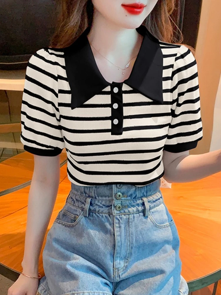 Lapel Short Sleeve Tshirts Summer Women Slim Short Striped Pullover Tops Chic Female Casual Tees