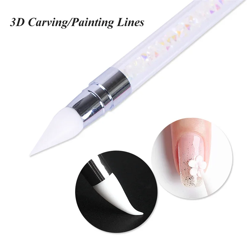 Doppelseitiger Silikon-Nagelkunst-Stift, Nagelkunst-Pinsel, Spiegelglitter-Puder, Punktier- und Malstift für Maniküre – Detail 8