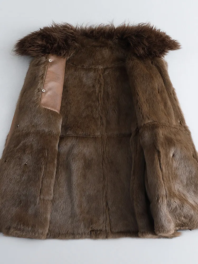 A medium-length women's lambskin collar full-leather rabbit fur coat with genuine leather and fur in one piece, fashionable and