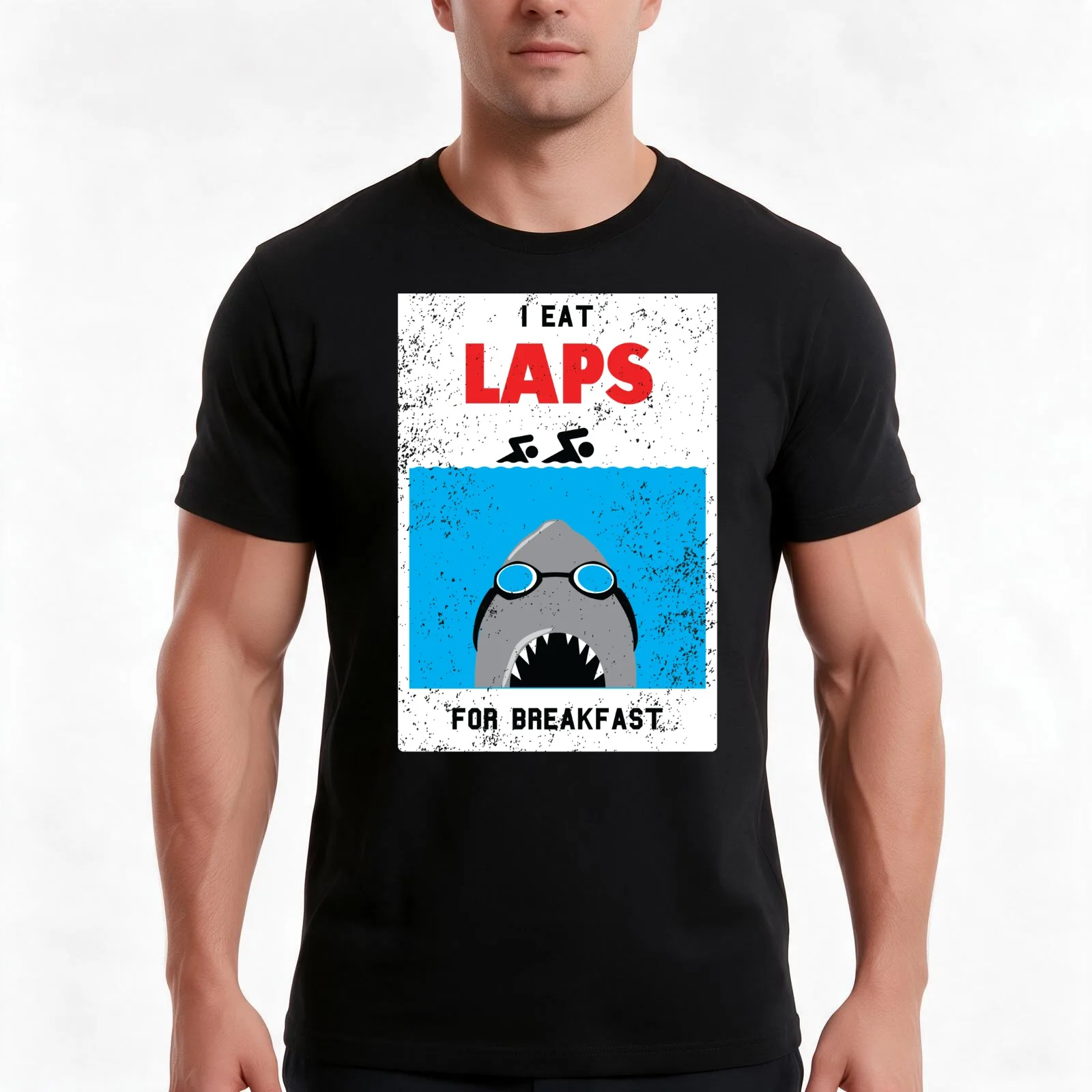 shark swimmer eats laps for breakfast T-Shirt, Summer Casual Cotton Tee, Oversized Streetwear Tops, Vintage Graphic Print