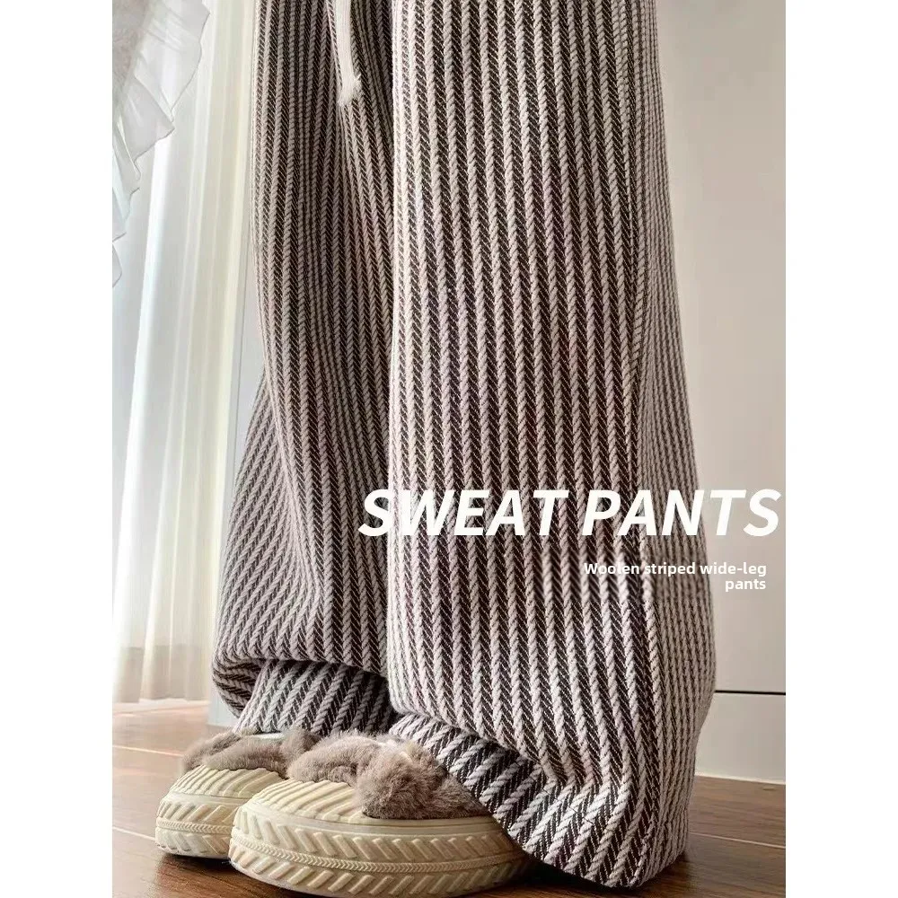 الكاكي العمودي مخطط السراويل الصوفية المرأة ربيع الخريف جديد الكورية نمط الرجعية مستقيم الساق الطابق طول مرونة الخصر واسعة