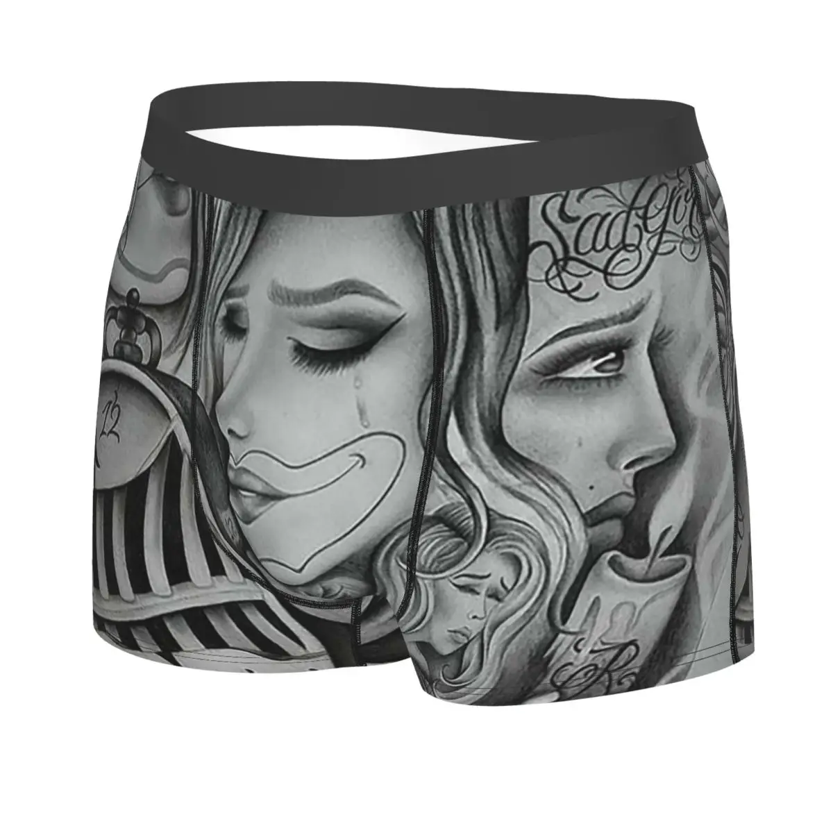 복서 팬티 반바지 슬픈 눈 초라 광대, 치카노 아트, 블랙 앤 그레이 아트 팬티 남성용 통기성 속옷