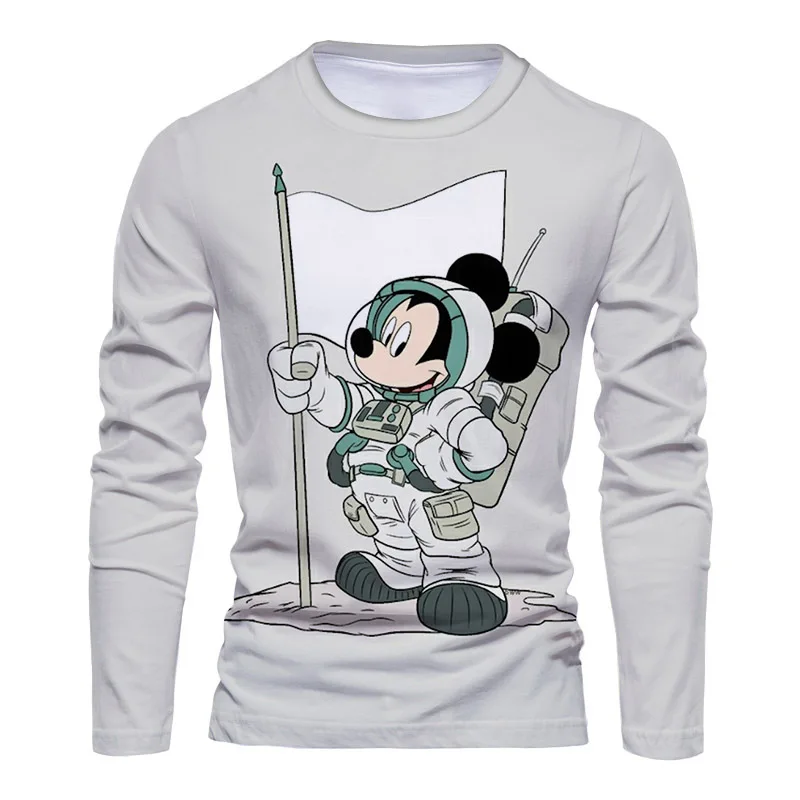 Fall New Harajuku Beach Party Disney Brand Stitch and Mickey Anime 3D Printed Casual Trend Men\'s Round Neck Long Sleeve T Shirt