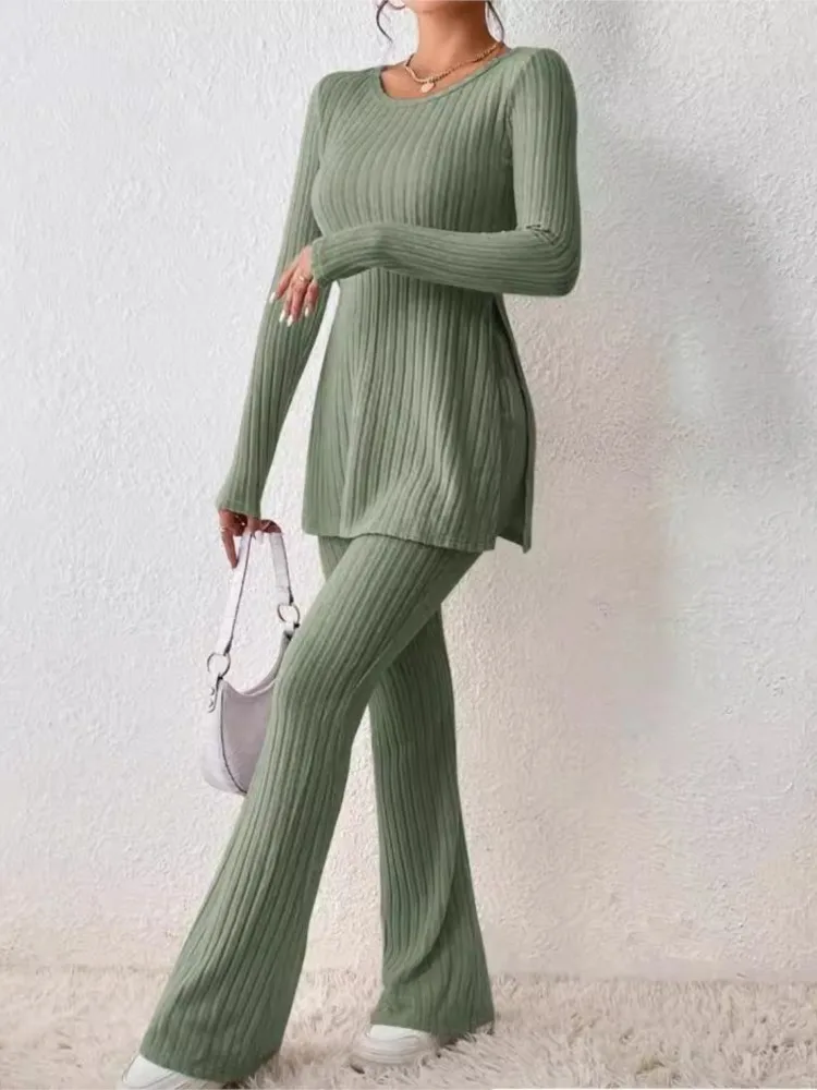 Outono inverno malha 2 peça ternos feminino manga longa com nervuras fenda lateral longo topo e cintura alta lápis calças definir moda outfit