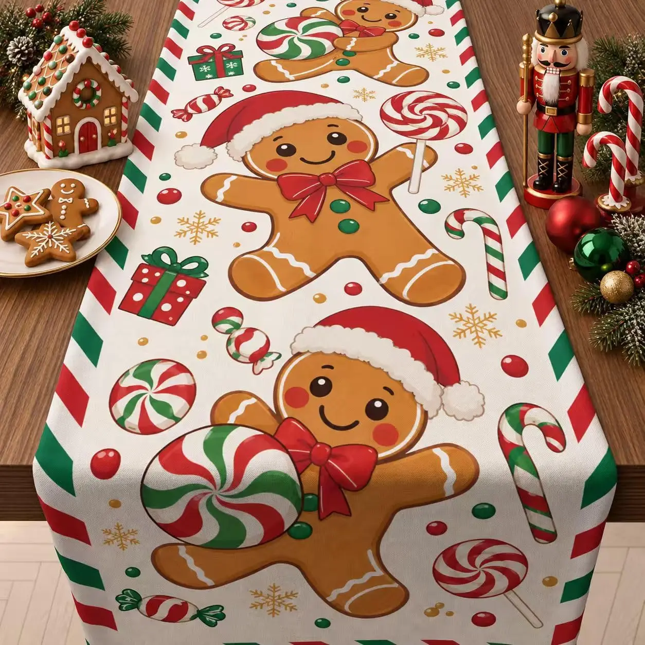 Christmas Gingerbread Man Table Runner, Cute Candy Cane Lollipop Print Winter Holiday Dining Table Decor for Xmas Party Kitchen