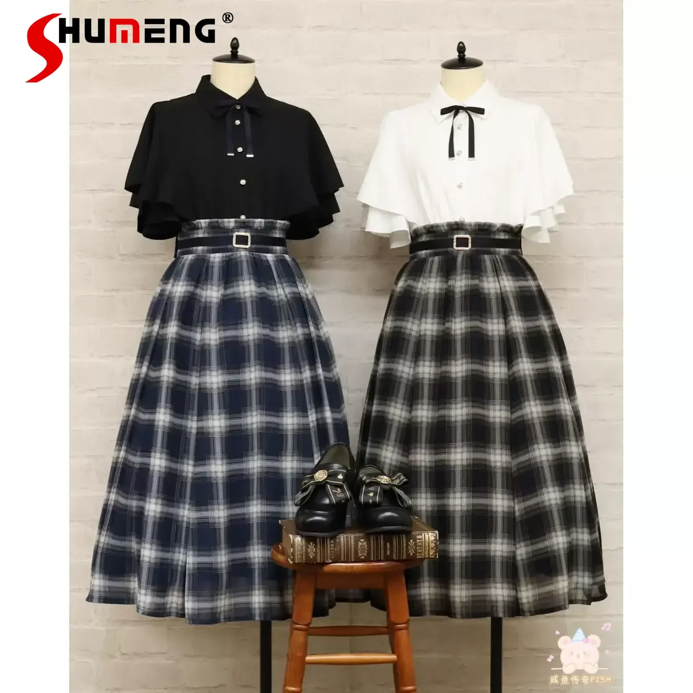 

Japanese Mass-produced Style Elegant Retro Sweet Cute Versatile Shirts High Waist Belt A-line Plaid Skirts Two-piece Sets Women